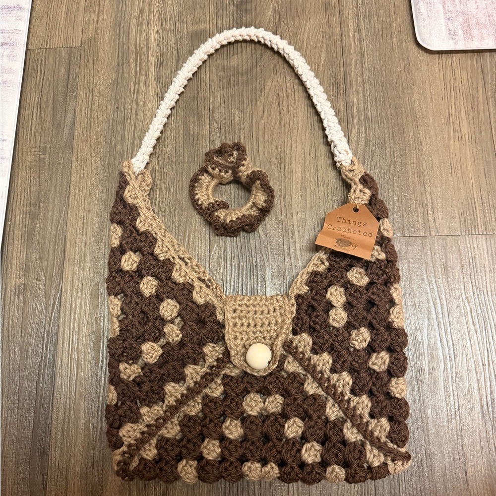 Handcrafted Brown and Tan Crochet Bag and scrunchie set
